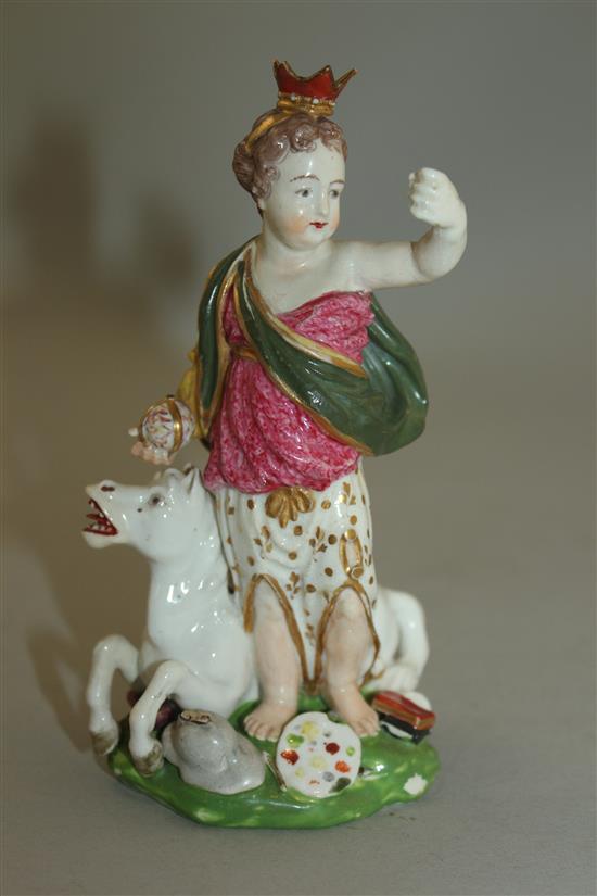 A Derby porcelain group of Britannia, late 18th century, 13.8cm, restorations, lacking trident